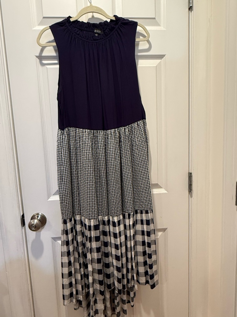 Sleeveless Papillion Sz. L Navy & White Gingham Tiered Maxi Dress